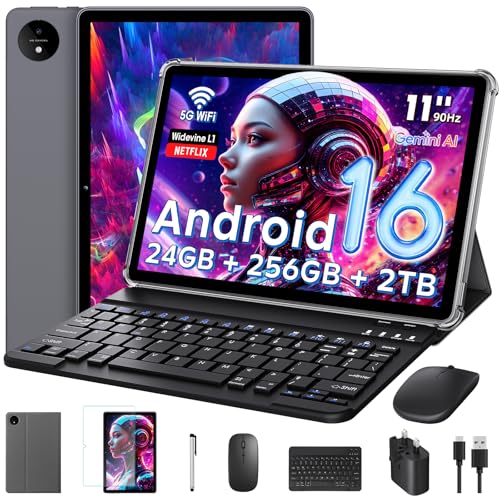 Android 16 Tablet 11 Inch with Gemini AI, T7250 Octa-Core, 24GB RAM + 256GB ROM /2TB TF, 16MP+8MP, 1920x1200 IPS HD Display, 8000mAh, Widevine L1, GPS, 2 in 1 Tablets with Keyboard Mouse Stylus