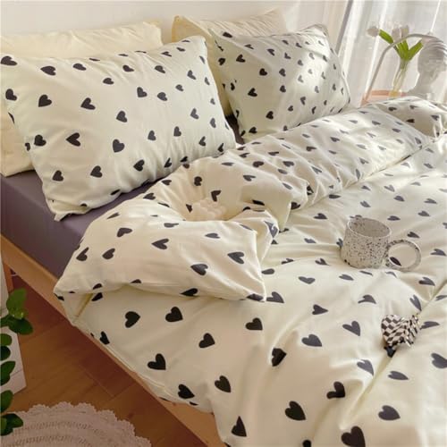 Image of Nayoroom Black and White Heart Duvet Cover Full Size Black Hearts Printed on White Bedding Set 3 Pcs Cute Kawaii Soft Breathable Microfiber Comforter Cover Valentine Gifts for Kids Girls
