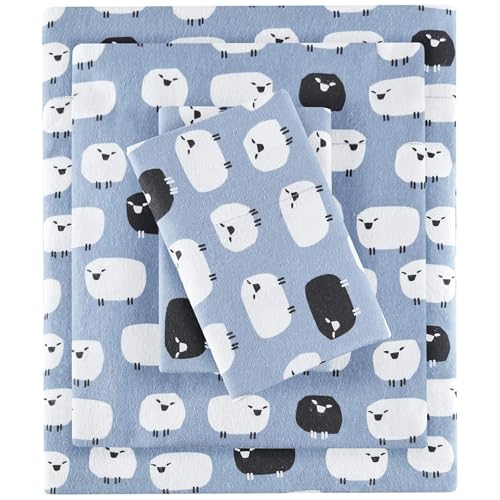 Image of Woolrich Cotton Sheet Set Cottage Charms Print, 100% Cotton Flannel Sheets Warm & Fuzzy Bedding Set Queen Size Sheets, Fitted Pocket Fits Up to 14 inch Mattress, Queen Blue Sheep, 4 Piece