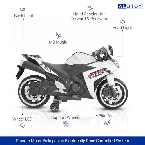 Image of Alstoy Ninja Ride-On Bike for Kids | 12V Rechargeable Battery Electric Toy Bike | Bluetooth Music | 35kg Capacity | Ages 3-8 Boys & Girls| BIS /ISI Approved | 6-Month Warranty | Large | Police White