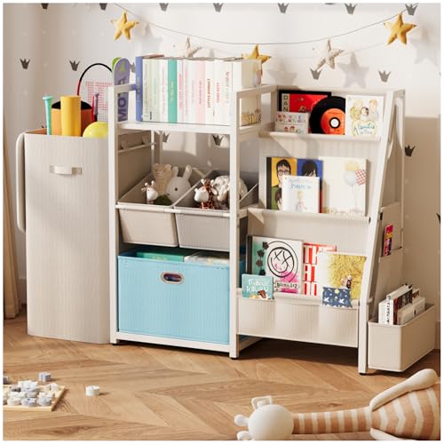 Jesemgro Kids Bookshelf Toy Storage Organizer with Large Sports Equipment Storage&Toy Organizer,Toddler Bookshelf for Kids Rooms Bedroom,Playroom,Classroom,Kids Book Shelves (Beige + Blue, Large)