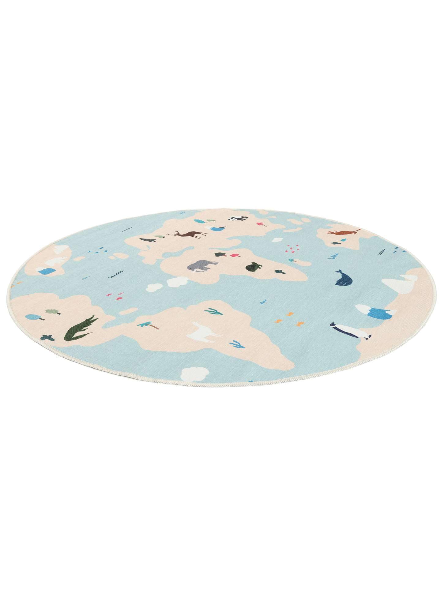 RugVista World Map Tapis pour Enfants, Ø 150 cm, Clair Bleu/Beige