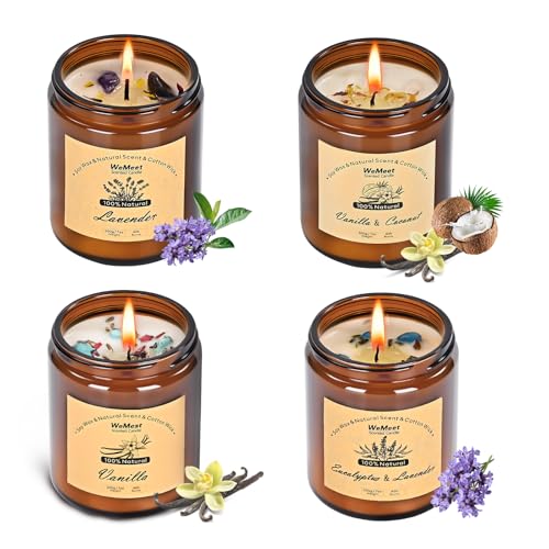 WEMEET Scented Candles Set, 4 Pack Aromatherapy Candle with Crystals, 28 oz 160 Hour Long Lasting Candle, Soy Wax Scented Candle with Dried Flowers, Gifts for Men, Women, Birthday, Mother's Day