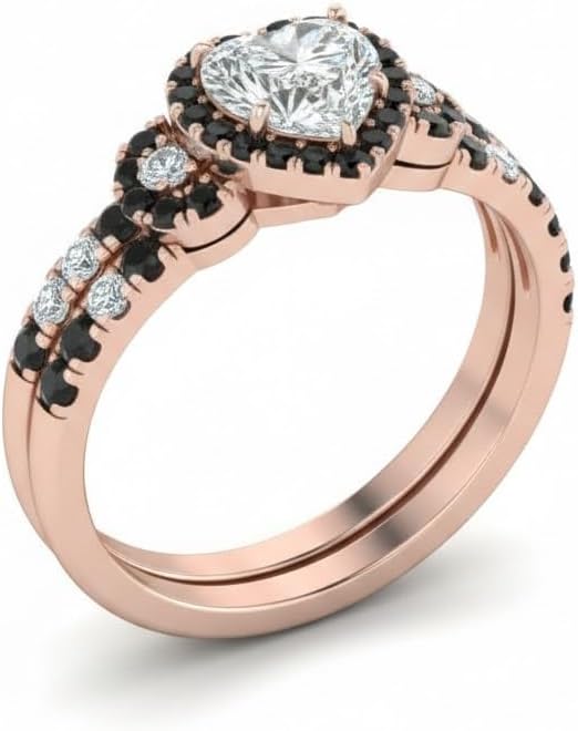 Choose Your Gemstone Delicate Halo Ring with Matching Band Rose Gold Plated Heart Shape Wedding Ring Sets Everyday Jewelry Wedding Jewelry Handmade Gifts for Wife US Size 4 to 12