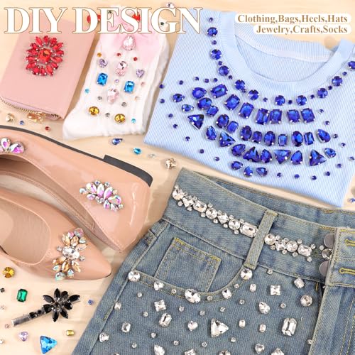 120 PCS Light Blue Bedazzling Sew on Rhinestones, Mixed Shape Charms Claw Flatback Glass Rhinestone with Metal Base for Crafting, Large Gems for Clothes Shoes Hats Collars Bags & Sewing Accessories - Thumbnail 5