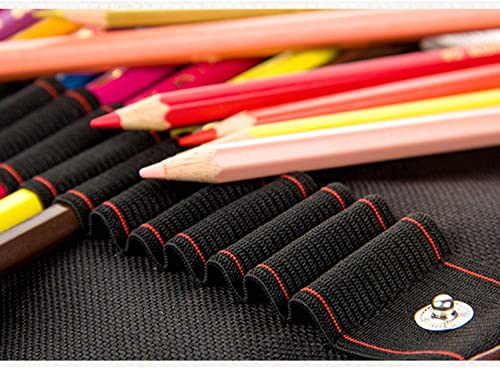 Image of Canvas Pencil Wrap Case, 48 Holes Colored Pencil Roll Holder Storage Pouch for Office (72 Holes, Brown)