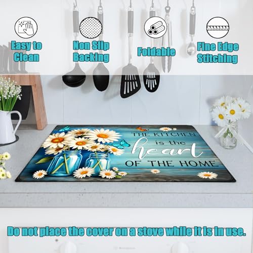Image of White Daisy Stove Top Cover for Electric Stove, Flower Vase Bottle Stove Top Cover, Blue Butterfly Range Covers, Spring Summer Cooktop Cover Home Decor 28x20 inch, The Kitchen Is the Heart of the Home