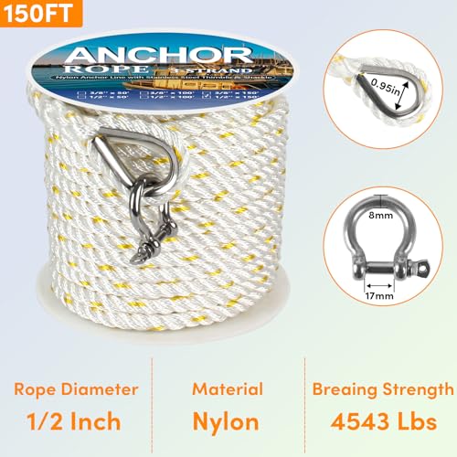 Anchor Rope 150 ft X 1/2 inch, 3-Strand Twisted Nylon Anchor Line, Boat Rope with Stainless Steel Thimble and Shackle for Boating, Anchoring, Mooring,Pulling (White/Yellow) - Thumbnail 2