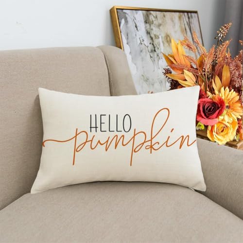 RABUSOFA Fall Pillow Covers 12x20 Inch,Autumn Hello Pumpkin Pillows Decorative Throw Pillows,Lumbar Outdoor Thanksgiving Cushion Cover Farmhosue Fall Decor for Bedroom Couch Sofa White - Image 5