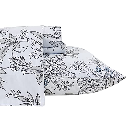 FADFAY Black and White Sheets Set Queen Vintage Peony Floral Bedding Shabby White Floral Sheets Elegant Farmhouse Bedding Cotton Bedding with Deep Pocket Fitted Sheet 4Pcs, Queen Size