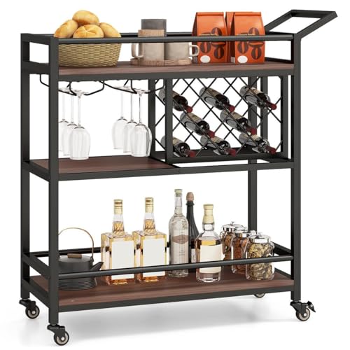 TANGZON 3 Tier Serving Cart, Rolling Drinks Trolley with Wine Rack, Glass Holder, Locking Wheels & Handle, Home Bar Cart Trolley Utility Storage Shelves for Kitchen Dining Living Room (Brown)