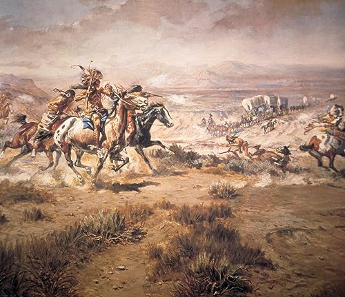 Impression d'art L'Attaque du Wagon Train toile Far West de Charles Russell pour salon 60x90cm
