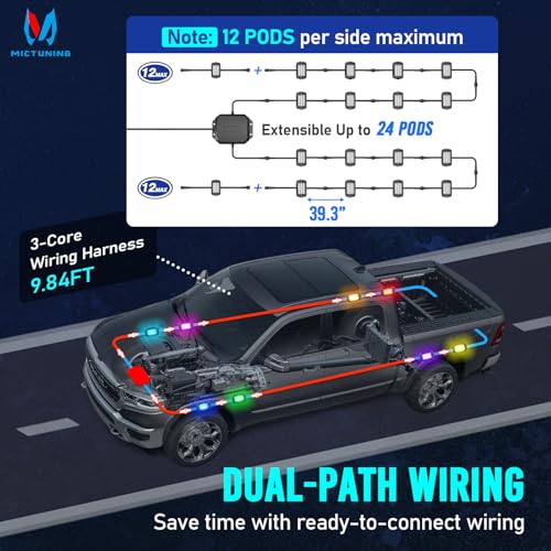 MICTUNING Q1+ MAX 8 Pods Ultra-Bright RGB Rock Lights, Multi-Color Chasing Underglow Lighting, Extensible to 24 Pods, APP Music Sync & DIY Effects, IP68 Waterproof — view 6