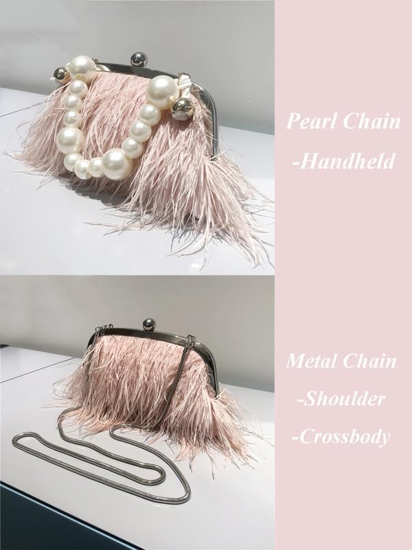 Ostrich Feather Evening Bags Fluffy Clutches for Women, Vintage Pearl Purse Tote Bag for Bridal, Banquet, Party Pink - Image 5