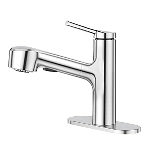 Chrome Single Hole Bathroom Faucet with Pull-Out Sprayer, Bathroom Sink Faucet Vanity Laundry Outdoor Utility Faucets with Deck Plate, Polished Finish