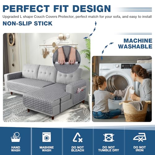 Image of TAOCOCO Sectional Couch Covers 100% Waterproof L Shaped Sofa Covers for Right Hand Facing Chaise Lounge, 2 Pieces Couch Cover L Shape Furniture Protector Slipcover for Pets Kids, Small /Light Gray