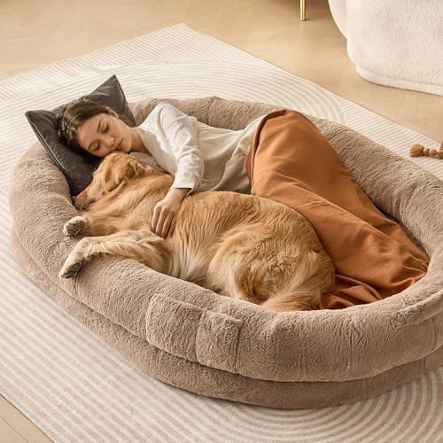 VEVOR Cama para Personas y Mascotas 1825 x 1220 x 254 mm Cama Grande para Perros de Tamaño Humano con Funda de Piel Sintética de Conejo Espuma de Panal, Bolsillo de Almacenamiento, Marrón