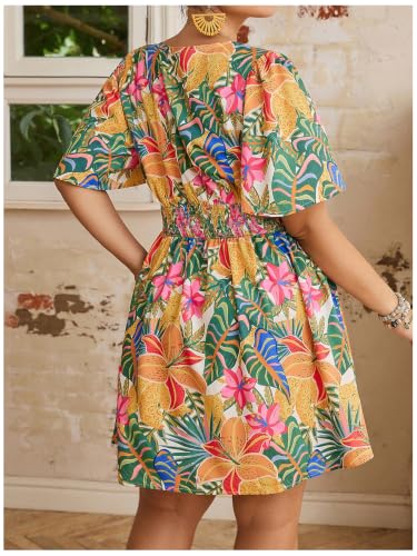 Image of Floerns Women's Plus Size Printed V Neck Short Sleeve Ruffle Hem Summer Short Dresses