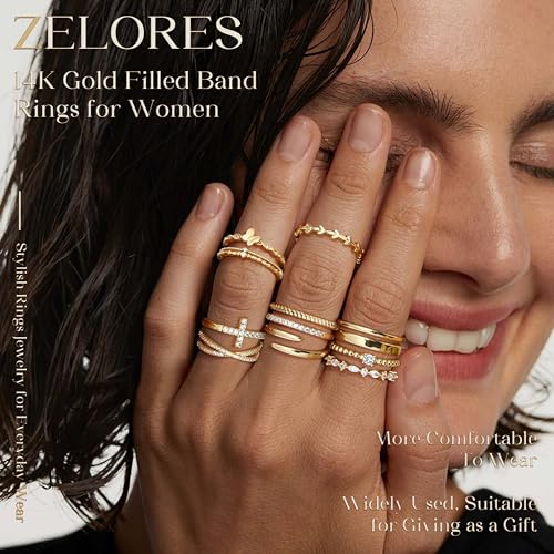 14K Gold Filled Stackable Rings for Women Opal Cross CZ Wedding Bands Rings Dainty Plain Gold Knuckle Rings Set Comfort Fit Size 6-104