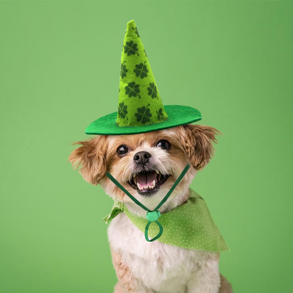 St. Patrick's Day Dog Costume,Puppy Bandana Collar with Bow Tie and Triangle Clover Hat Green Irish Dog Adjustable Accessories for Pet Puppy Cat Party Dress-up Cosplay Costume - Image 3