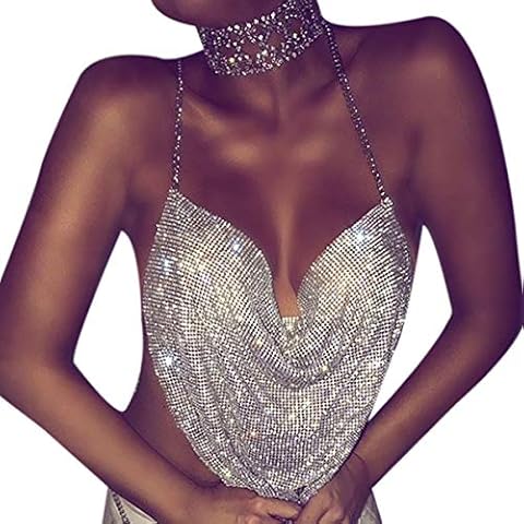RARITYUS Women Sexy Shiny Rhinestone Tank Top Deep V Neck Chain Crop Top Shirt for Night Club Party Rave Outfit Silver Cover