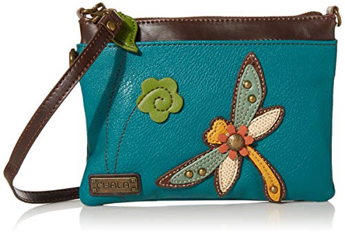 Chala Mini Crossbody Handbag, Multi Zipper, Pu Leather, Small Shoulder Purse Adjustable Strap - Dragonfly - Turquoise