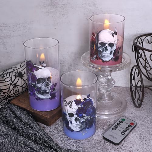 Image of Gothic Skull Flameless Candles Set with Remote Control Timer Function, 3-Piece Horror Theme Halloween Decorative Candles for Home Party Haunted House Horror Theme Halloween Decorations