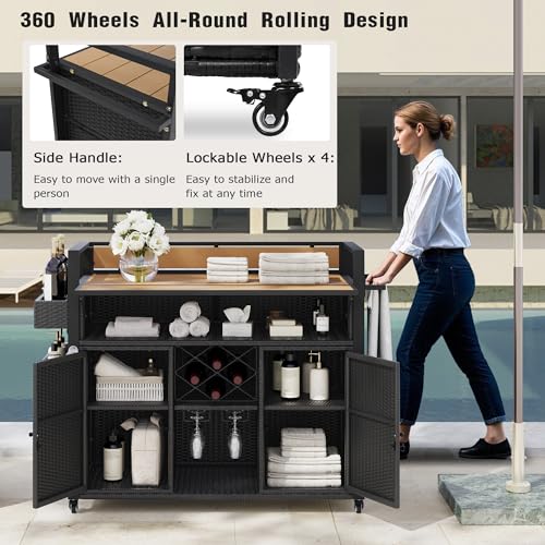 Image of Merax 52.8 inch W Wicker Outdoor Grill Cart with Extended Plastic Wood Table Top, Rolling Kitchen Island on Wheels with Storage Cabinet, for Patio Backyard Garden Poolside, Black Brown