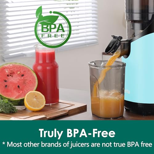 Image of Cold Press Juicer Machines, Slow Masticating Juicer with 5.3 inch Extra Large Feed Chute Fit Whole Fruits & Vegetables, Self Feeding Effortless for Batch Juicing, BPA Free 250W (BrightBlue,1.8L)