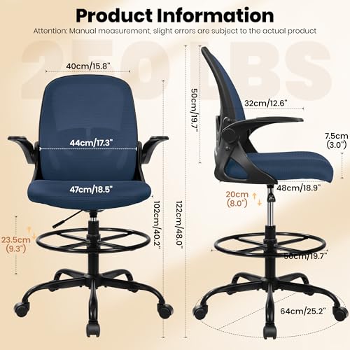 Image of Primy Drafting Chair Tall Office Chair with Flip-up Armrests Executive Ergonomic Computer Standing Desk Chair with Lumbar Support and Adjustable Footrest Ring (Navy)
