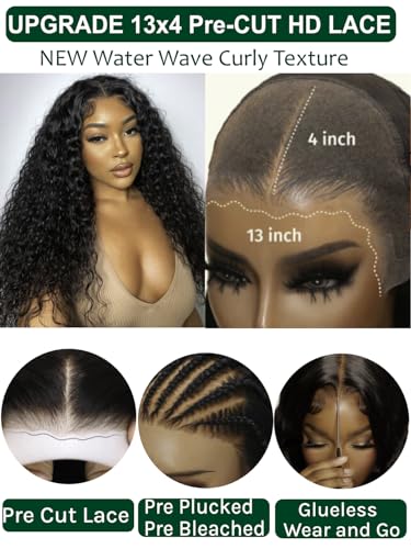 Image of KLAIYI Pre Everything 13x4 Glueless Wig Water Wave Mix Jerry Curly Pre Cut Lace Front Wigs Human Hair Pre Plucked Pre Bleached Bye Bye Knots 3S Ready To Wear and Go Wig with Baby Hair Put on Go 18Inch