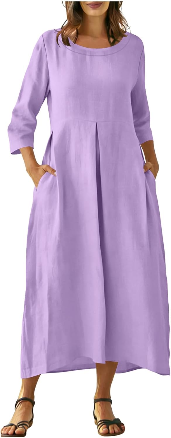 HGps8w 3/4 Sleeve Linen Dresses for Women Summer Loose Crewneck Pleated Elegant A-Line Casual Swing Beach Dress