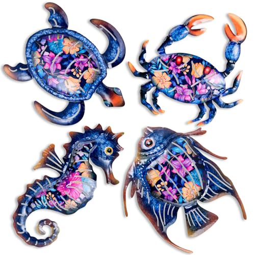 SUNREEK 4Pcs Metal Ocean Wall Decor, Blue Turtle Fish Crab Seahorse Wall Art for Coast Beach Pool Yard Fence Garden Bathroom Decoration (Ocean-A)