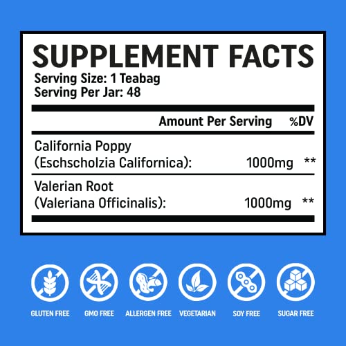 Calipm Valerian Root California Poppy Herbal Sleep Aid Tea - Promotes Deep Sleep & Longer Sleep - Reduce Stress & Relax The Body - Improve Morning Mood - Natural Sleep Aid Teabags - 48 Vegan Teabags #TOP4