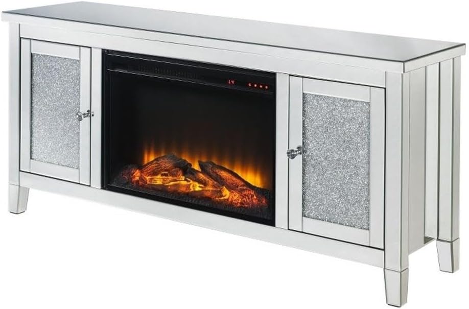 Pemberly Row TV Stand with Electric Fireplace, Faux Diamond Inlay, Silver Finish, Beveled Mirror Framing, 2 Single Door Storage Compartments, Holds up to 65 Inch TVs, Living Room Entertainment Center