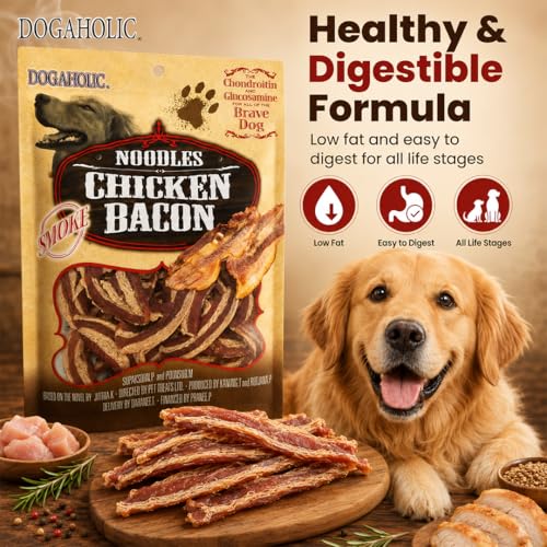 Image of Dogaholic Chicken Bacon Strips Dog Treats - High Protein Dog Snacks & Healthy Training Treats for All Breeds | Smokey Flavor Chewy Sticks for Puppies & Adult Dogs