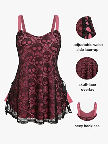 Rose Gal Womens Plus Size Gothic Skull Lace Overlay Sleeveless Strap Tank Top(Red_1/2X) #TOP1
