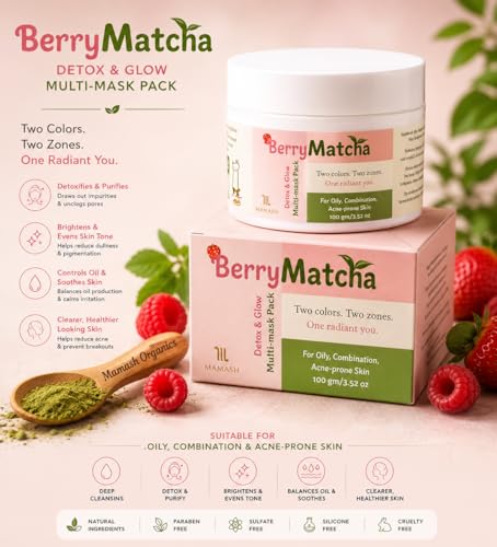 Image of Mamash Organics BerryMatcha Instant Detox & Glow Multi-Mask 100g | Matcha & Strawberry 2-in-1 Face Pack | DIY Texture Clay Mask for Oily & Dry Zones | Pore Detox, Hydration & Brightening | Ayurvedic