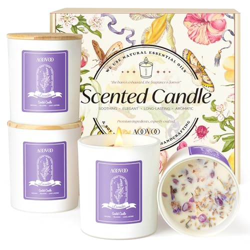 AOOVOO Lavender Candles Set for Women - 4 Pack Candles for Home Scented, Aromatherapy Candle with Crystals Inside, 20 oz 160 Hour Long Lasting, Birthday Gifts Mothers Day Candle for Women Mom
