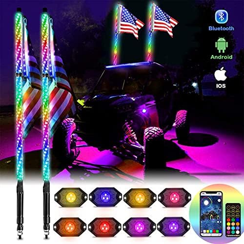 OHMU 2Pcs 3FT LED Whip Lights and 3rd-Gen Rock Lights Kit with Bluetooth and Remote Control 360° Spiral Chase RGB 8 Pods Neon Light Offroad Warning Lighted Antenna LED Whips Package