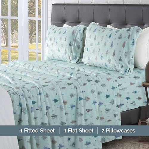 Elegant Comfort Luxuriously Soft 4-Piece Holiday Velvet Plush Flannel Sheet Set - Premium Quality - Cozy Warm, Christmas Fuzzy Velvet Flannel Fleece Deep Pocket Sheet Set - Twin, Mint Pine Trees