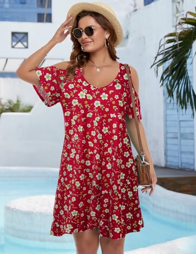 Image of JollieLovin Womens Plus Size Short Sleeve Cold Shoulder V Neck T-Shirt Dress with Pockets