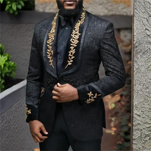 Men Black Floral Suits with Buttons Shawl Lapel Jacket with Pants 2 Piece Wedding Groom Tuxedo2