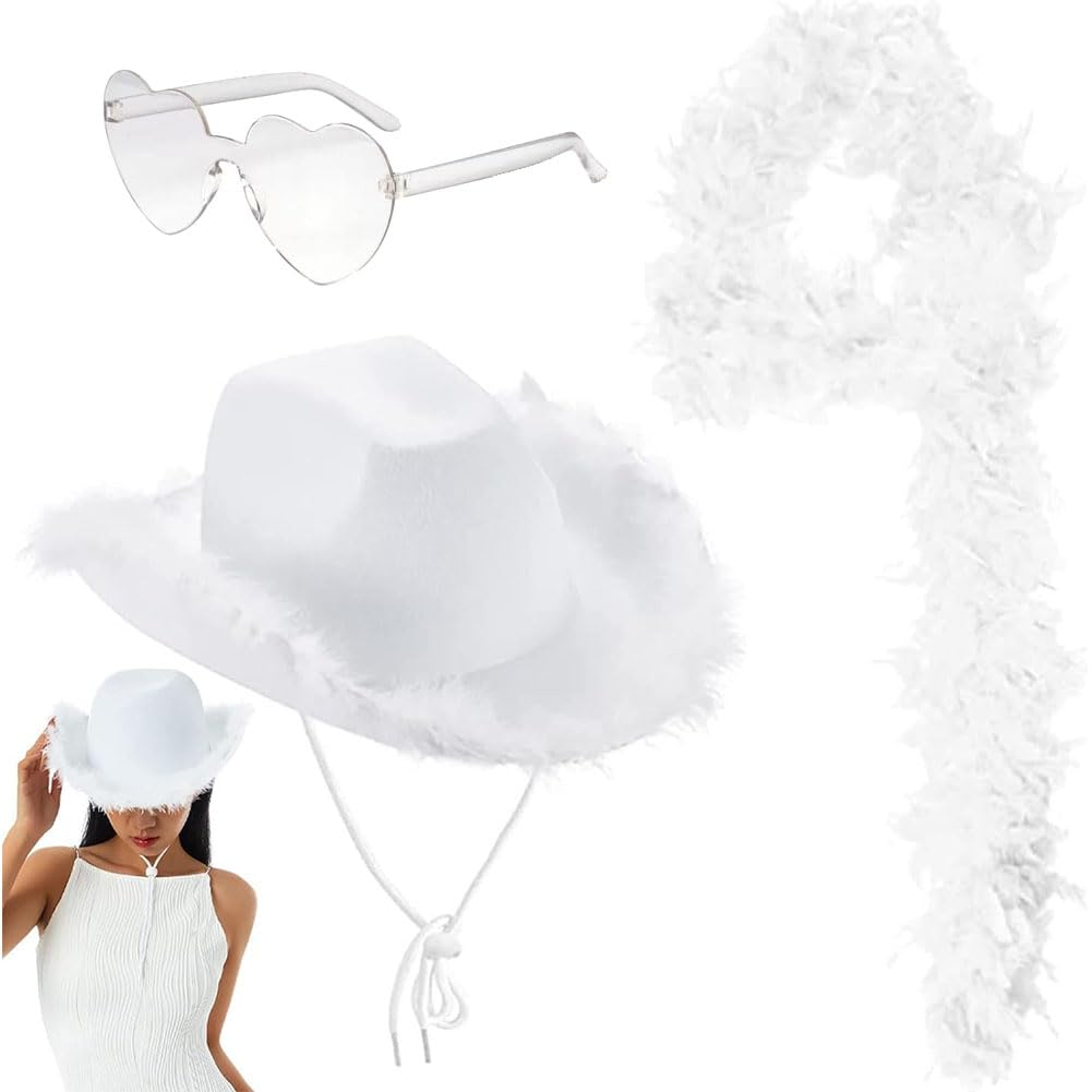 Sombrero de Vaquero, Sombrero de Vaquero para Mujer,con Boa de Plumas y Gafas de Sol de Corazón, Para Despedida de Soltera, Fiesta de Disfraces, Disfraces de Juego