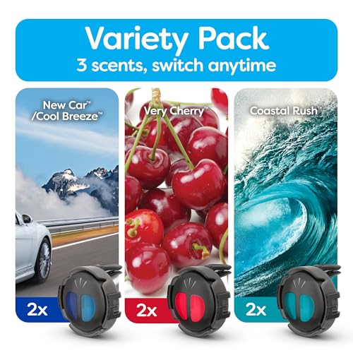Image of Refresh Your Car Mini Diffuser Car Air Fresheners Variety Pack, New Car /Cool Breeze, Very Cherry, and Coastal Rush Scents, 6 Pack