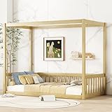 Twin Size Canopy Bed Frame with Guardrails for Kids,Floor Bed Twin with Four Poster Design,Kids Montessori Floor Bed,Wood Canopy Bed Frame for Girls,Boys(Twin,Natural)
