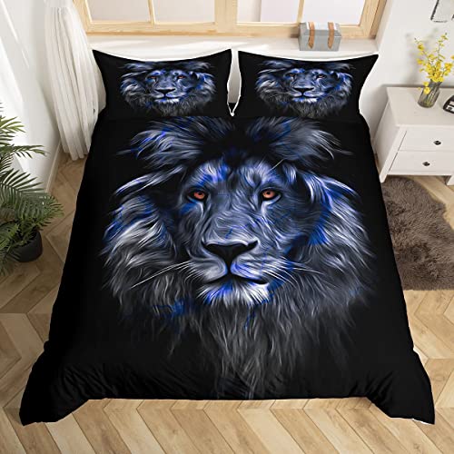 Blue Lion Parure de Lit 200x200cm Safari Fur Parure Housse de Couette 3D Wild Animaux Parure de Lit Respirant Faune Décor Crack Design Brick Room Decor