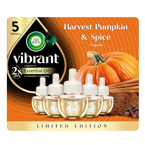 Air Wick Plug In Scented Oil Refill, Infused with Essential Oils, Plug In Air Fresheners for Home, Fall Scent, Fall Décor, Harvest Pumpkin & Spice, 5 ct