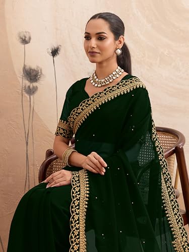 Image of Women's Georgette Embroidery Border Beads work Saree with Blouse Piece