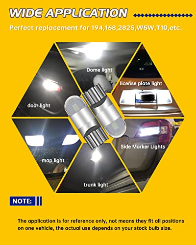 UNXMRFF 194 LED Bulbs White 6000k, T10 W5W 2825 168 LED Bulbs 3030 Chips 194 Bulbs Replacement for Car Dash License Plate Light, Dome Map Light, Side Marker Light, Courtesy Light Bulbs, Pack of 10